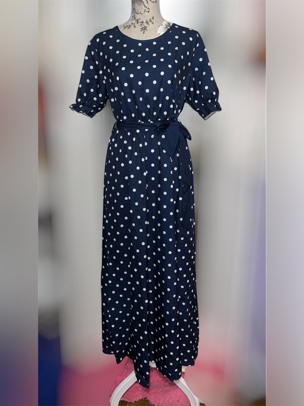 Polka Dot Navy Maxi Dress with Waist Tie - Picture 2 of 3